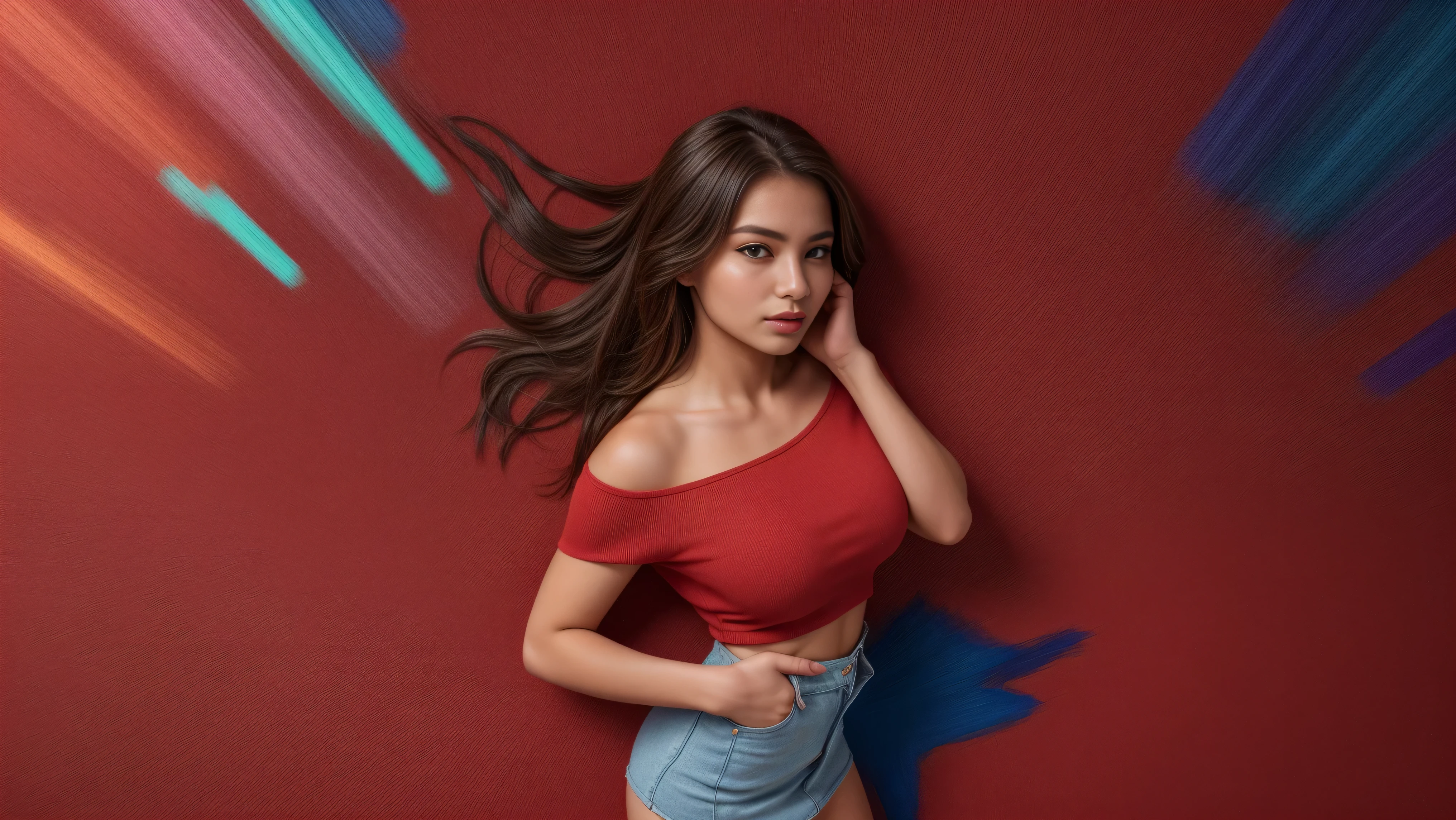 (best quality,4k,8k,highres,masterpiece:1.2),ultra-detailed,(realistic,photorealistic,photo-realistic:1.37),((1girl:1.9)), (((standing alone:1.9))), ((17years old)), (sharp focus), (beautiful and aesthetic:1.2), [((Raiana-Elizabeth-Dilla:1.9))], (slim slender fit-muscled body:1.9), (((Fashionista-style fashion:1.9))), (((sexy ((red:1.5)) shirt with ultra-short ((red:1.5)) miniskirt))), cleavage breasts,(large breasts:1.6),beautiful girl,graceful posture,serene expression,proud and confident girl,shining jewels,flowing dark-black hair,sparkling eyes,rosy cheeks,ethereal beauty,soft lighting,(colorful-abstract background:1.9),((upper-body-view:1.9)), ((close-up:1.9, cinematic shot)),(looking at viewer:1.8),girl of elegance,vivid colors,harmonious color palette,elegant composition,tranquil atmosphere,classic beauty,majestic presence,beauty personified