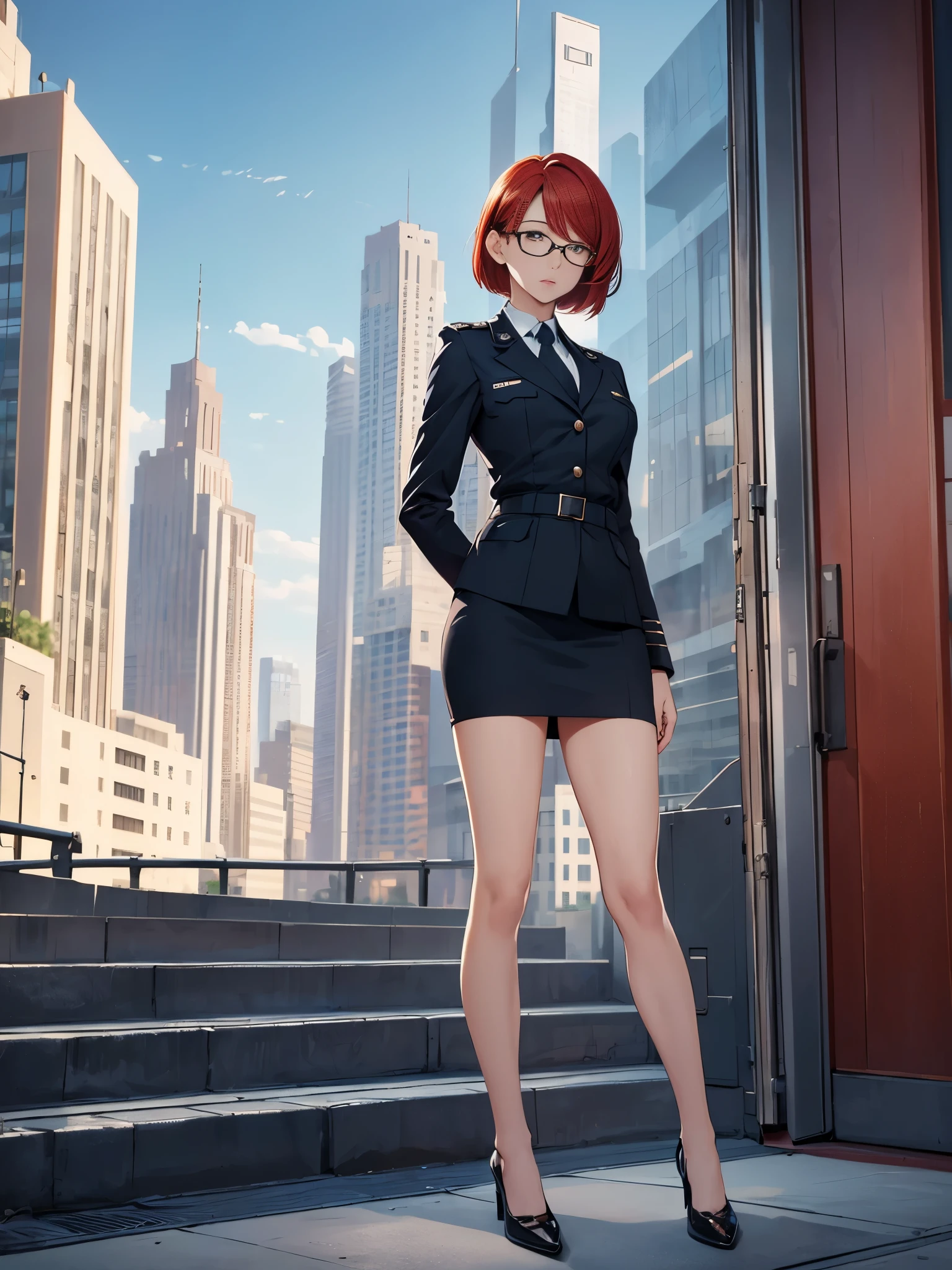 masterpiece, best quality, 1girl, medium breasts, Air Force uniform, suit, pencil skirt, miniskirt, bare legs, shoes, city backdrop, solo, single, standing, full body shot, cowboy shot, beautiful detailed eyes, red hair, short hair, bob hair, glasses