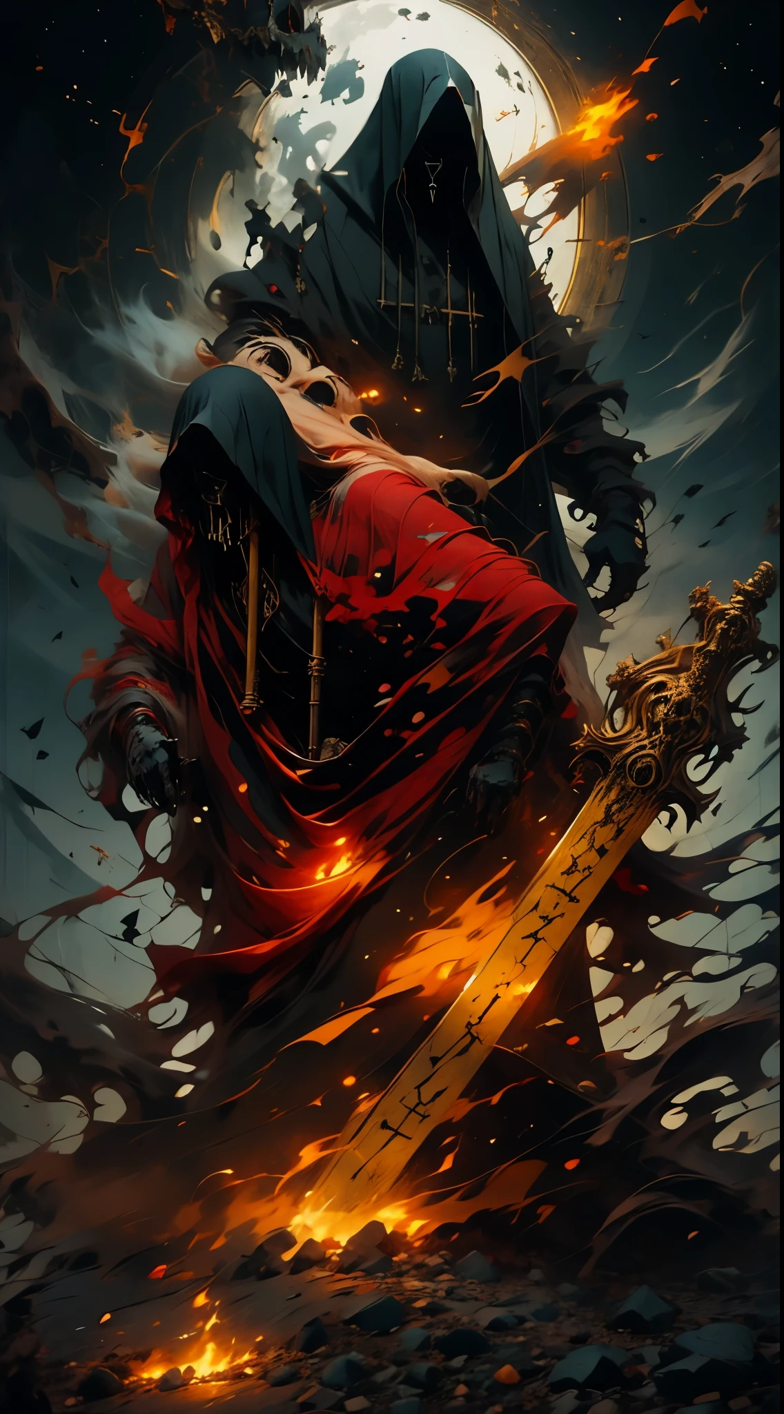 arte oficial，demonio del infierno，bata negra，（shinigami ), (Tema rojo:1.1), Tema de oro, scythe, estrella negra,pila de calaveras, cuerpo esqueleto，impious，ojos rojos，Cuervo ?????，el，cadenas cruzadas, Cartas de tarot，8K，A high resolution，Alta nitidez，ultra-detallado,3D，