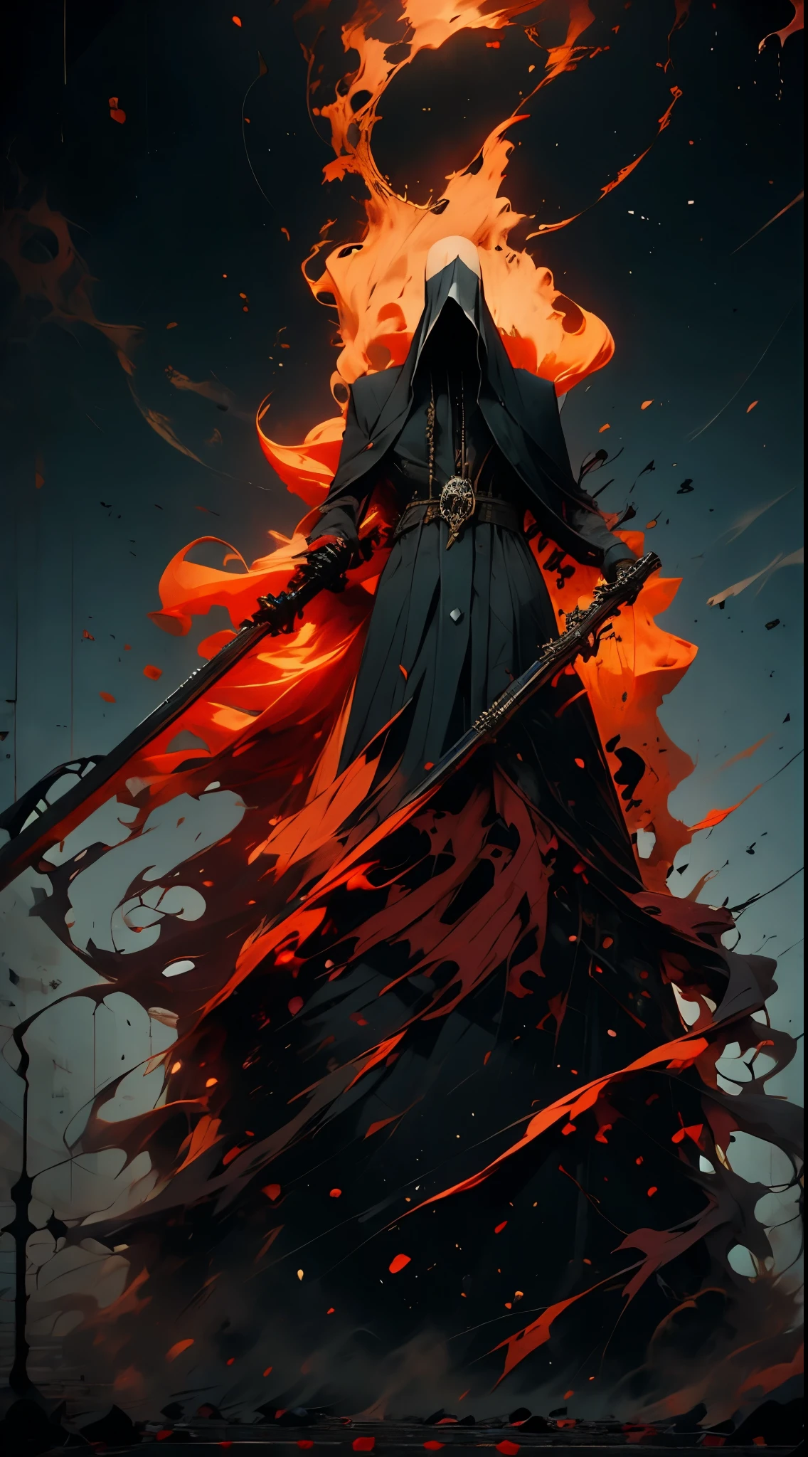 arte oficial，demonio del infierno，bata negra，（shinigami ), (Tema rojo:1.1), Tema de oro, scythe, estrella negra,pila de calaveras, cuerpo esqueleto，impious，ojos rojos，Cuervo ?????，el，cadenas cruzadas, Cartas de tarot，8K，A high resolution，Alta nitidez，ultra-detallado,3D，