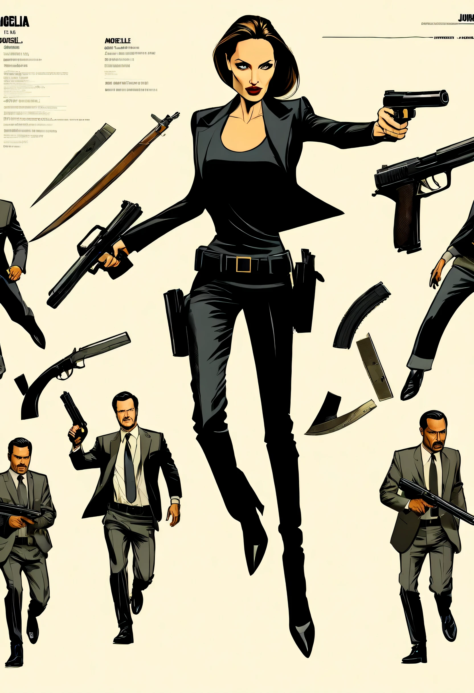 character design sheet,Secret Agent Angelina Jolie,gun,科技gun,长gun,dagger,Jump,photography,