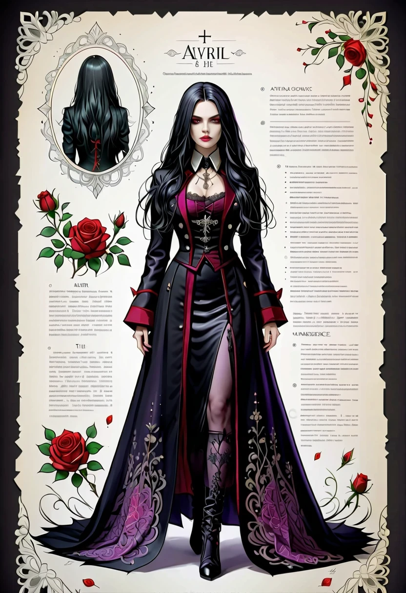 (Gothic character design sheet:1.5)，Character name:Avril Lavigne.dark night，18 years old，long black hair，purple eyes，Red or dark purple lace、Embroidery and other decorations。She was wearing a long black coat and a tight skirt，Show elegant and mysterious temperament。Wearing a silver cross、chain etc..，old magic book，Romantic roses，（orderly row:1.2，interval:1.2，no overlap:1.2），((clear lines，clean background，White background, ultra high definition, masterpiece, precise, anatomically correct, textured skin, Super detailed, high detail, best quality, 8k))