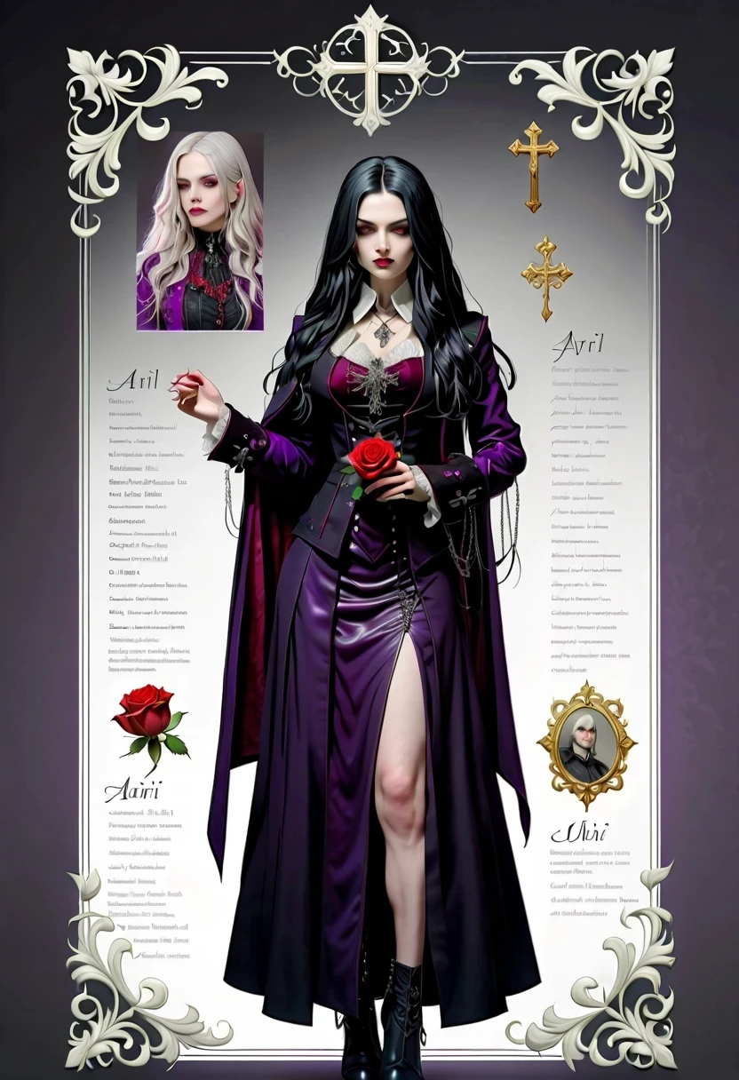 (Gothic character design sheet:1.5)，Character name:Avril Lavigne.dark night，18 years old，long black hair，purple eyes，Red or dark purple lace、Embroidery and other decorations。She was wearing a long black coat and a tight skirt，Show elegant and mysterious temperament。Wearing a silver cross、chain etc..，old magic book，Romantic roses，（orderly row:1.2，interval:1.2，no overlap:1.2），((clear lines，clean background，White background, ultra high definition, masterpiece, precise, anatomically correct, textured skin, Super detailed, high detail, best quality, 8k))