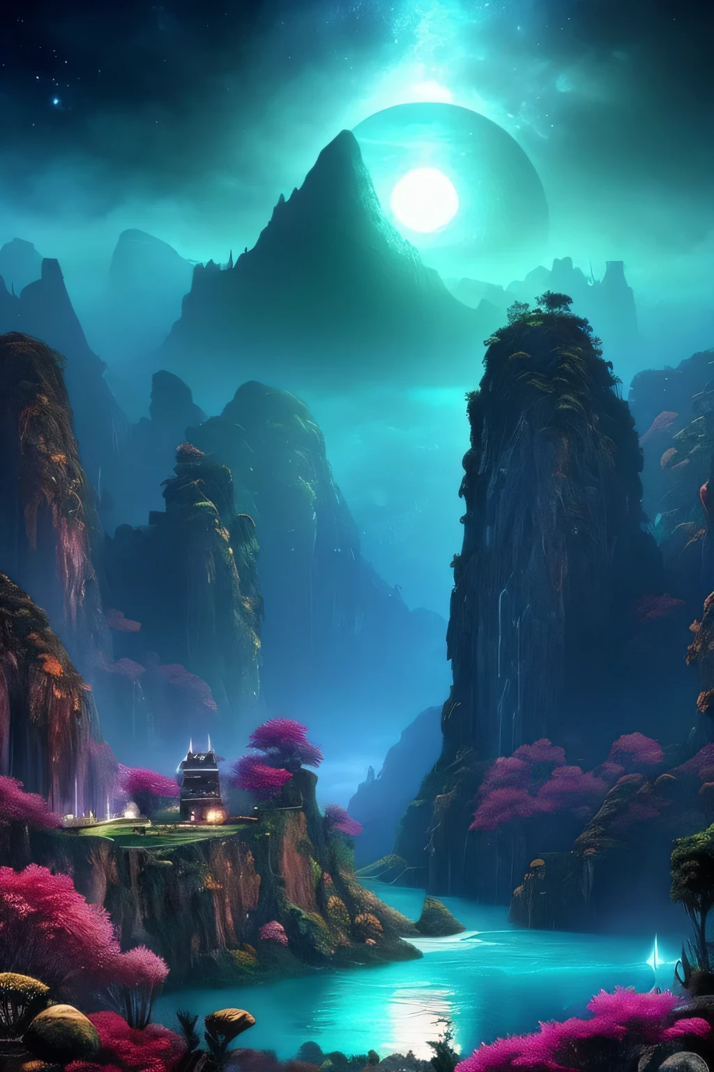 masterpiece, best quality, 3D tearing artwork , 3DMM style,archway, Chinese game scene,distant mountains,bright moon,Very big moon,Flower petals flying,Branches,tower,Landscapes,Between clouds and fog,
