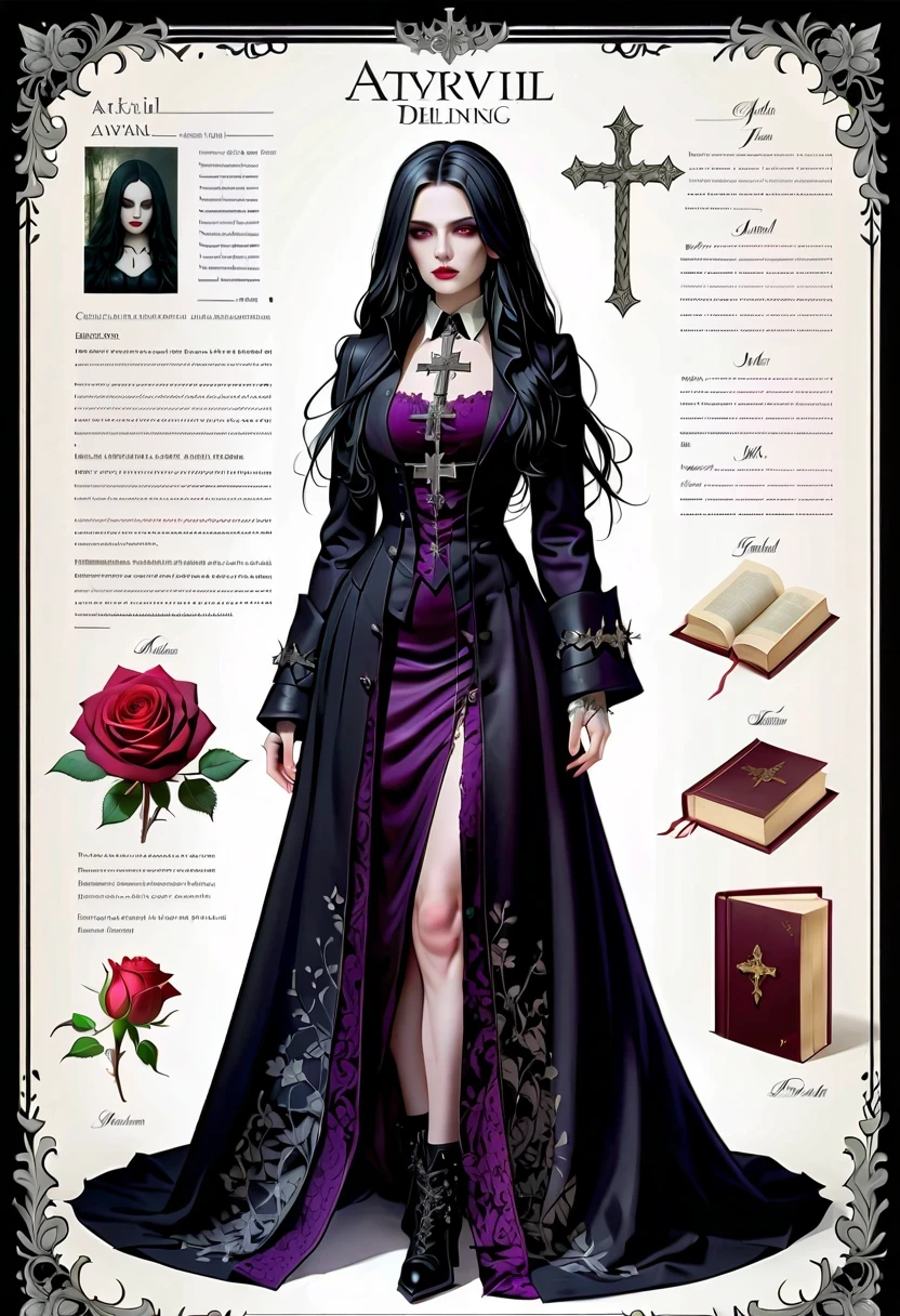 (Gothic character design sheet:1.5)，Character name:Avril Lavigne.dark night，18 years old，long black hair，purple eyes，Red or dark purple lace、Embroidery and other decorations。She was wearing a long black coat and a tight skirt，Show elegant and mysterious temperament。Wearing a silver cross、chain etc..，old magic book，Romantic roses，（orderly row:1.2，interval:1.2，no overlap:1.2），((clear lines，clean background，White background, ultra high definition, masterpiece, precise, anatomically correct, textured skin, Super detailed, high detail, best quality, 8k))