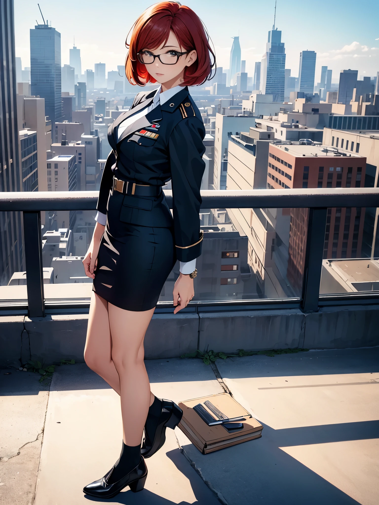 masterpiece, best quality, 1girl, medium breasts, Air Force uniform, suit, pencil skirt, miniskirt, bare legs, shoes, city backdrop, solo, single, standing, full body shot, cowboy shot, beautiful detailed eyes, red hair, short hair, bob hair, glasses