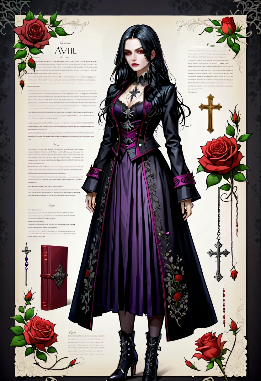 (Gothic character design sheet:1.5)，Character name:Avril Lavigne.dark night，18 years old，long black hair，purple eyes，Red or dark purple lace、Embroidery and other decorations。She was wearing a long black coat and a tight skirt，Show elegant and mysterious temperament。Wearing a silver cross、chain etc..，old magic book，Romantic roses，（orderly row:1.2，interval:1.2，no overlap:1.2），((clear lines，clean background，White background, ultra high definition, masterpiece, precise, anatomically correct, textured skin, Super detailed, high detail, best quality, 8k))