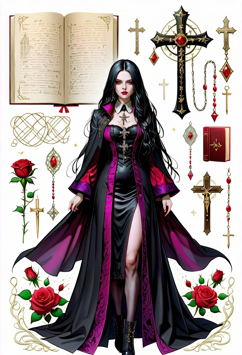 (Gothic character design sheet:1.5),Character name:Avril Lavigne.dark night,18 years old,long black hair,purple eyes,Red or dark purple lace、Embroidery and other decorations。She was wearing a long black coat and a tight skirt,Show elegant and mysterious temperament。Wearing a silver cross、chain etc..,old magic book,Romantic roses,(orderly row:1.2,interval:1.2,no overlap:1.2),((clear lines,clean background,White background, ultra high definition, masterpiece, precise, anatomically correct, textured skin, Super detailed, high detail, best quality, 8k))