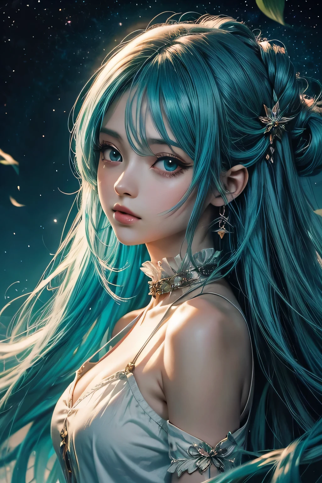 uma garota com cabelo azul e olhos azuis em uma floresta, anime girl with cosmic hair, anime girl with teal hair, estilo anime 4k, Papel de parede de arte anime 4K, Papel de parede de arte anime 4k, arte de fantasia de anime, anime fantasy illustration, arte digital detalhada de anime, arte digital com estilo anime, digital anime art, Papel de parede de arte anime 8K, anime digital art