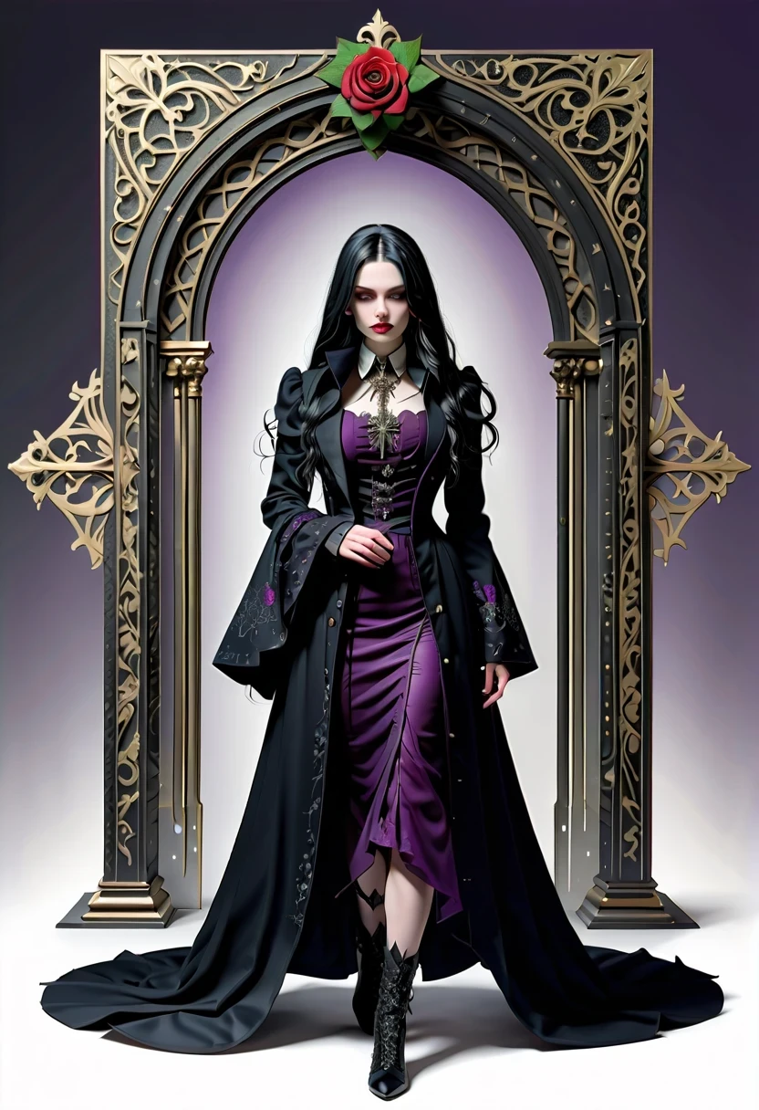 (Gothic character design sheet:1.5)，Character name:Avril Lavigne.dark night，18 years old，long black hair，purple eyes，Red or dark purple lace、Embroidery and other decorations。She was wearing a long black coat and a tight skirt，Show elegant and mysterious temperament。Wearing a silver cross、chain etc..，old magic book，Romantic roses，（orderly row:1.2，interval:1.2，no overlap:1.2），((clear lines，clean background，White background, ultra high definition, masterpiece, precise, anatomically correct, textured skin, Super detailed, high detail, best quality, 8k))