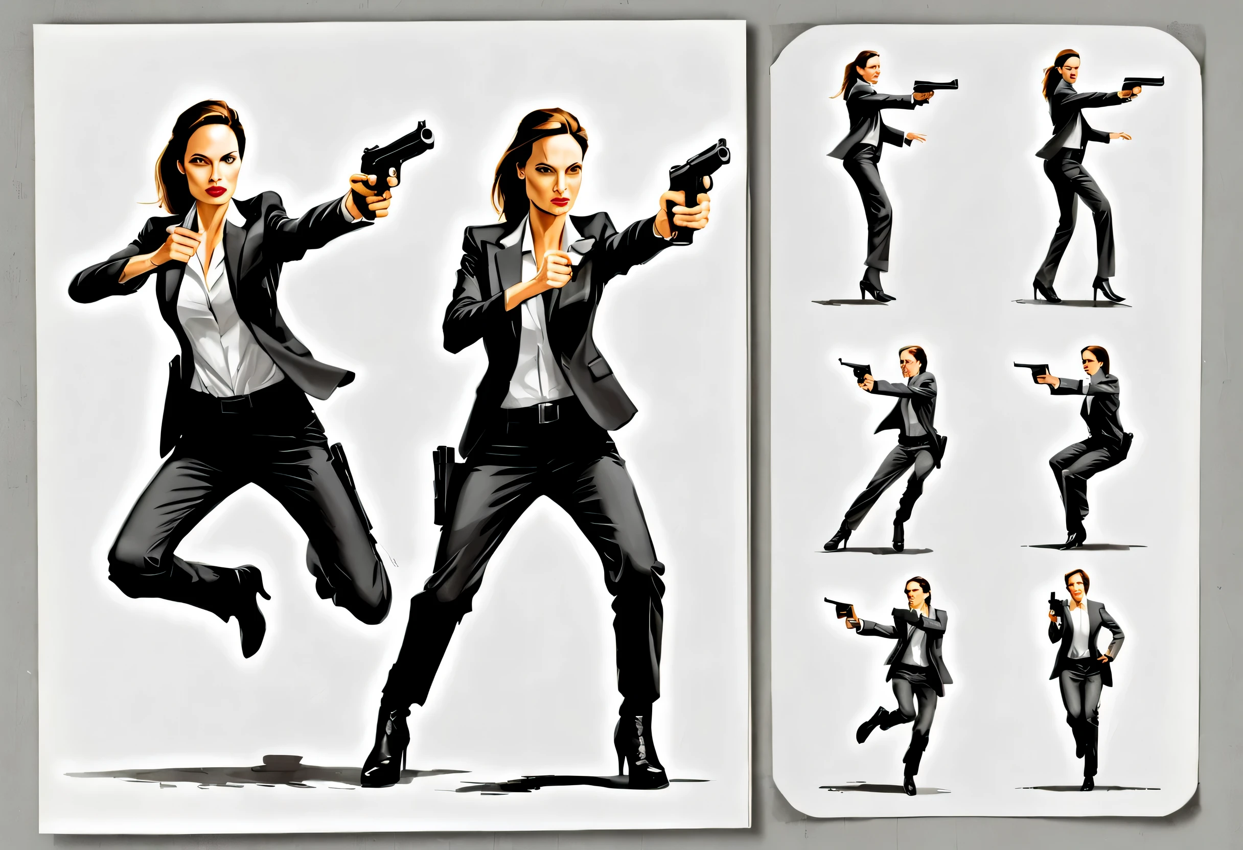 character design sheet,Secret Agent Angelina Jolie,gun,Jump,photography,