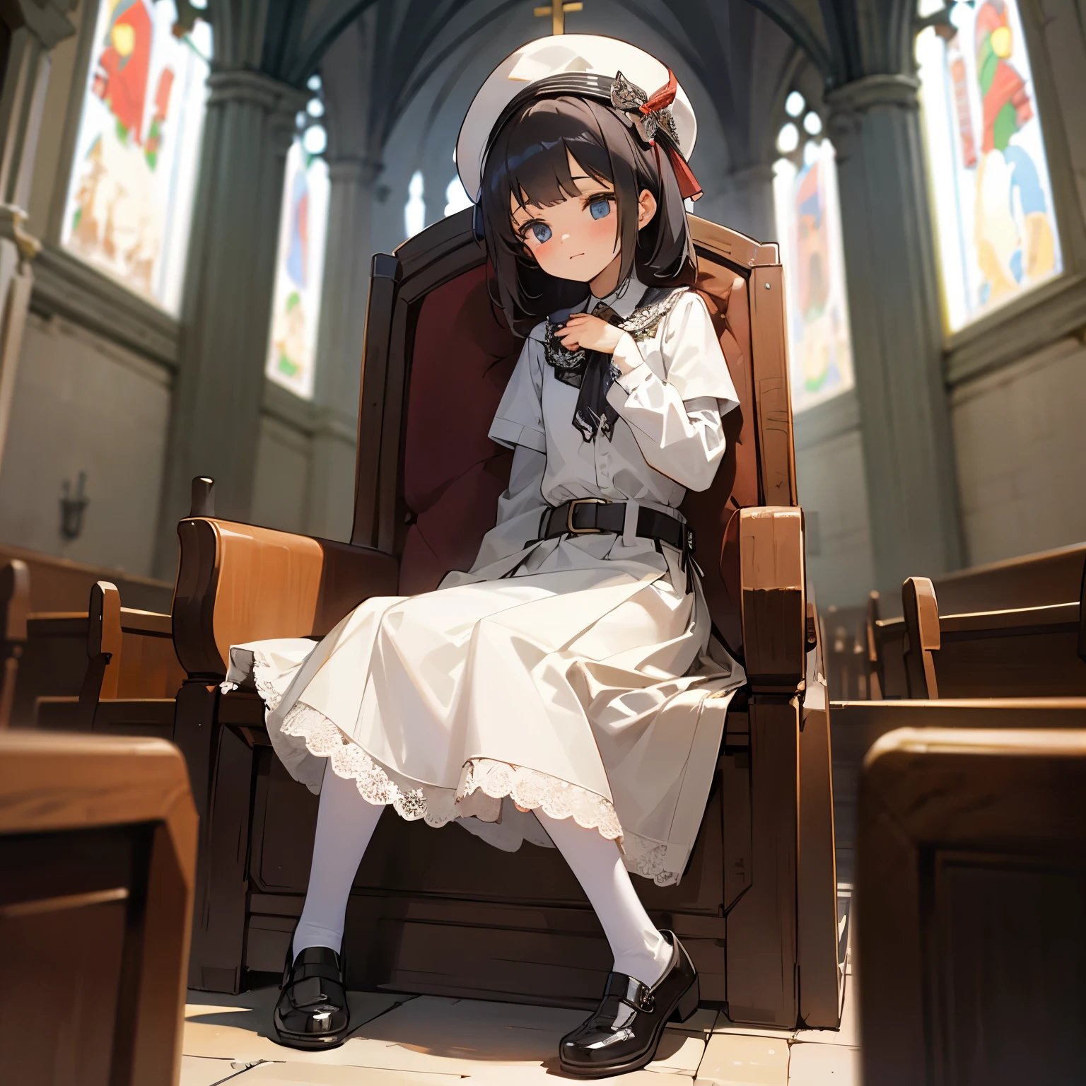 Cute Small girl christian traditional well dressed, belt, lace tie, church, strict, sitting