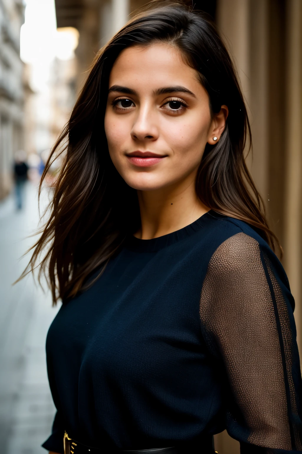 Instagram-Foto, Nahaufnahme Gesicht Foto von 23 Y.o Chloe in black clothes on Italy's streets, Spaltung, blasse Haut, (smil:0.4), Harte Schatten, posierend, positionen, angeben, sexuell, No underwear, ((NSFW)), shaved, Fluss-Fantasie, feld, Mikro-Details, weiches Licht, fotorealistisch, proportional, Hyper Details,