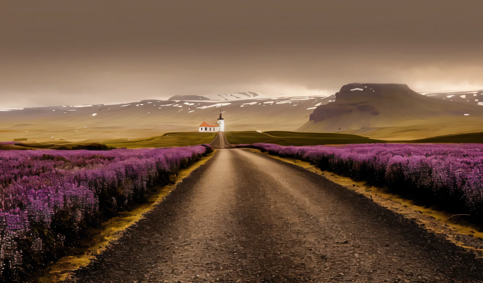 purple flowers line a road leading to a church in the middle of a field, iceland photography, iceland landscape, icelandic landscape, a road leading to the lighthouse, iceland hills in the background, iceland landscape photography, breathtaking landscape, interesting background, an icelandic landscape, country road, road between hills, amazing wallpaper, iceland, landscape photo, amazing landscape in background, hd wallpaper