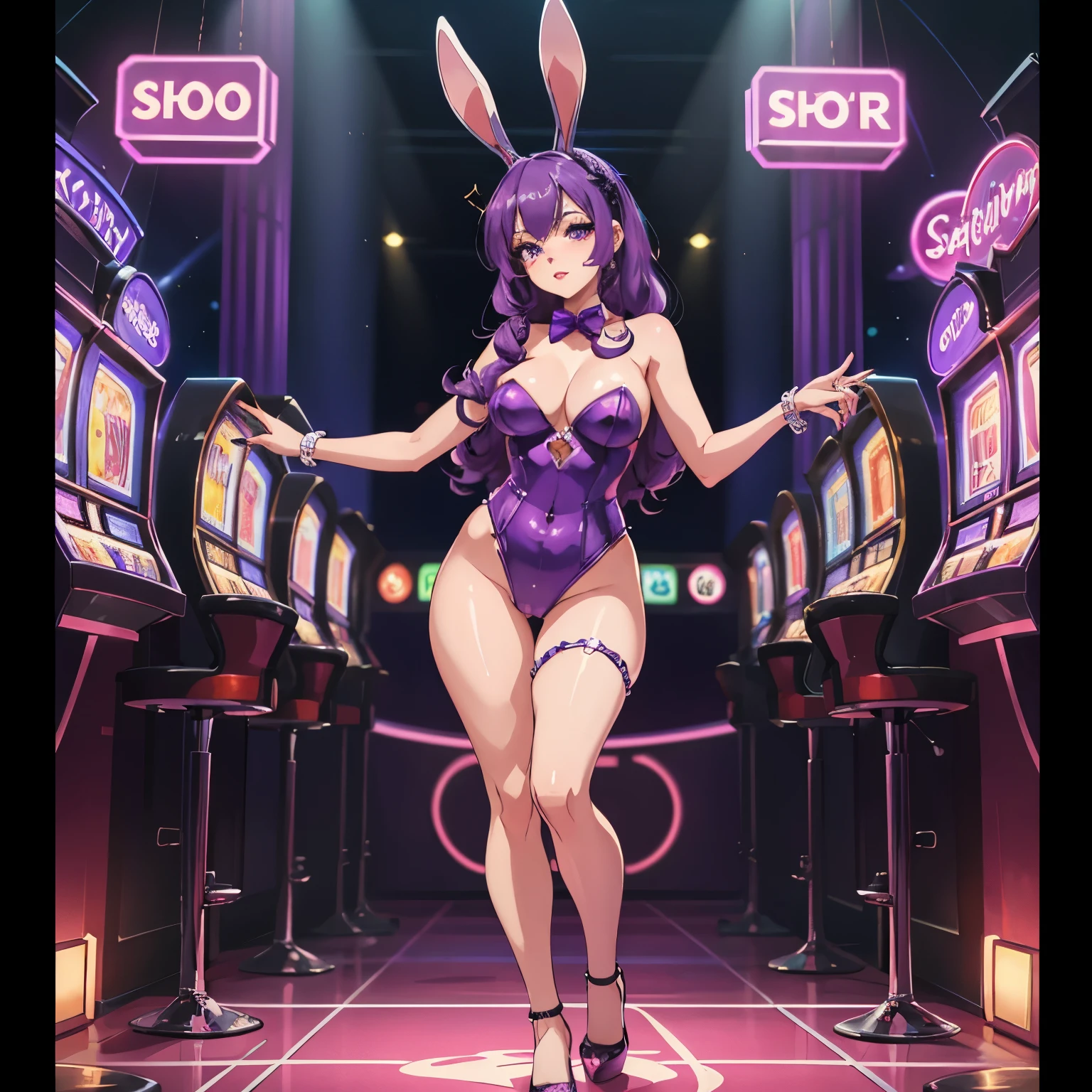 Full body shoot,purple hair, big purple eyes,casino bunny suite,beautiful detailed eyes,beautiful detailed lips,extremely detailed eyes and face, long eyelashes,sexy seductive look,curly purple hair flowing,pink bunny ears,fluffy bunny tail,glamorous casino background,shimmering lights,holding a try filled with drinks,standing, high heels,shimmering,vivid colors,pin-up style,cinematic lighting,naughty and playful atmosphere, slots machines background, 