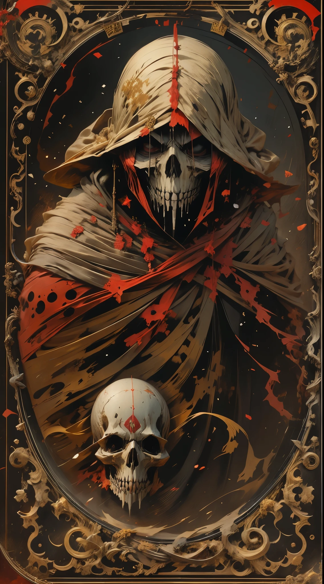 arte oficial，demonio del infierno，bata negra，（shinigami ), (Tema rojo:1.1), Tema de oro, scythe, estrella negra,pila de calaveras, cuerpo esqueleto，impious，ojos rojos，Cuervo negro，el，cadenas cruzadas, Cartas de tarot，8K，A high resolution，Alta nitidez，ultra-detallado,3D，