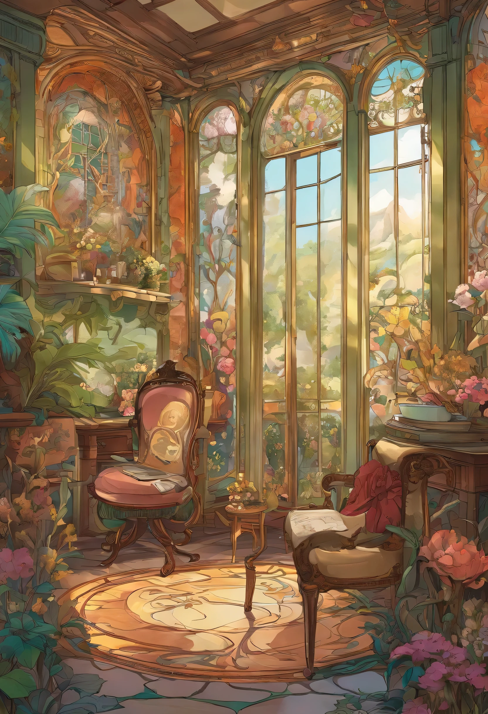 an artist studio with lots of color, lots of art supplies, and many unfinished pieces on the walls, a comfy chair, lots of light