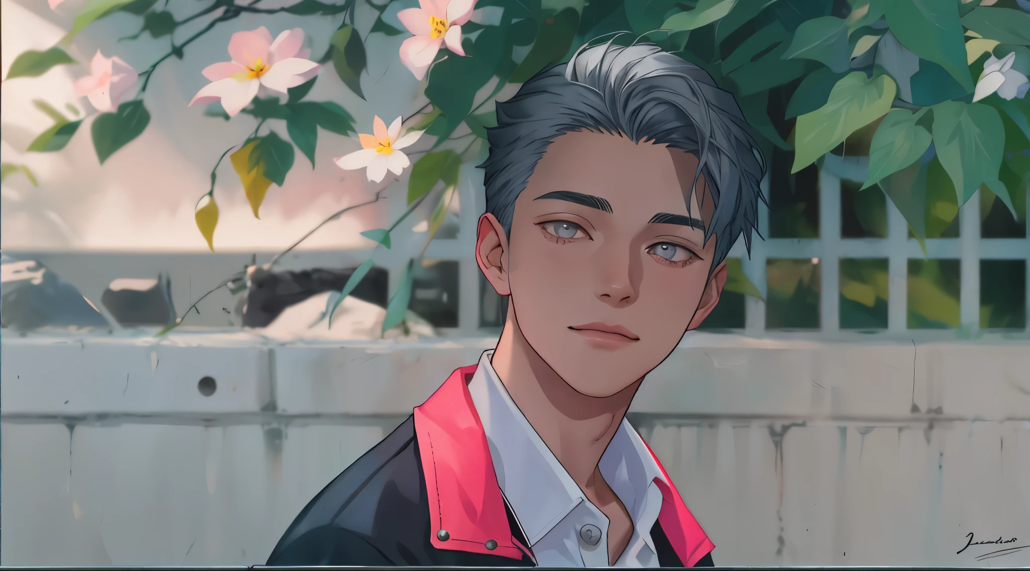 handsome young man of 17 years old silver hair silver eyes