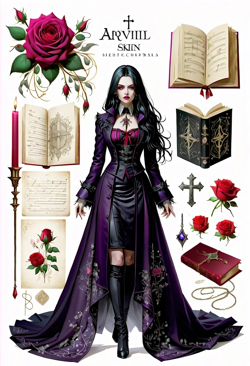 (Gothic character design sheet:1.5)，Character name:Avril Lavigne.dark night，18 years old，long black hair，purple eyes，Red or dark purple lace、Embroidery and other decorations。She was wearing a long black coat and a tight skirt，Show elegant and mysterious temperament。Wearing a silver cross、chain etc..，old magic book，Romantic roses，（orderly row:1.2，interval:1.2，no overlap:1.2），((clear lines，clean background，White background, ultra high definition, masterpiece, precise, anatomically correct, textured skin, Super detailed, high detail, best quality, 8k))