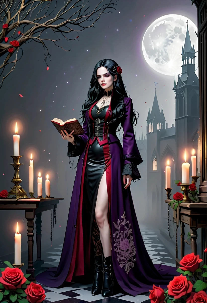 (Gothic character design sheet:1.5),Character name:Avril Lavigne.dark night,18 years old,long black hair,purple eyes,Red or dark purple lace、Embroidery and other decorations。She was wearing a long black coat and a tight skirt,Show elegant and mysterious temperament。Wearing a silver cross、chain etc..,old magic book,Romantic roses,(orderly row:1.2,interval:1.2,no overlap:1.2),((clear lines,clean background,White background, ultra high definition, masterpiece, precise, anatomically correct, textured skin, Super detailed, high detail, best quality, 8k))