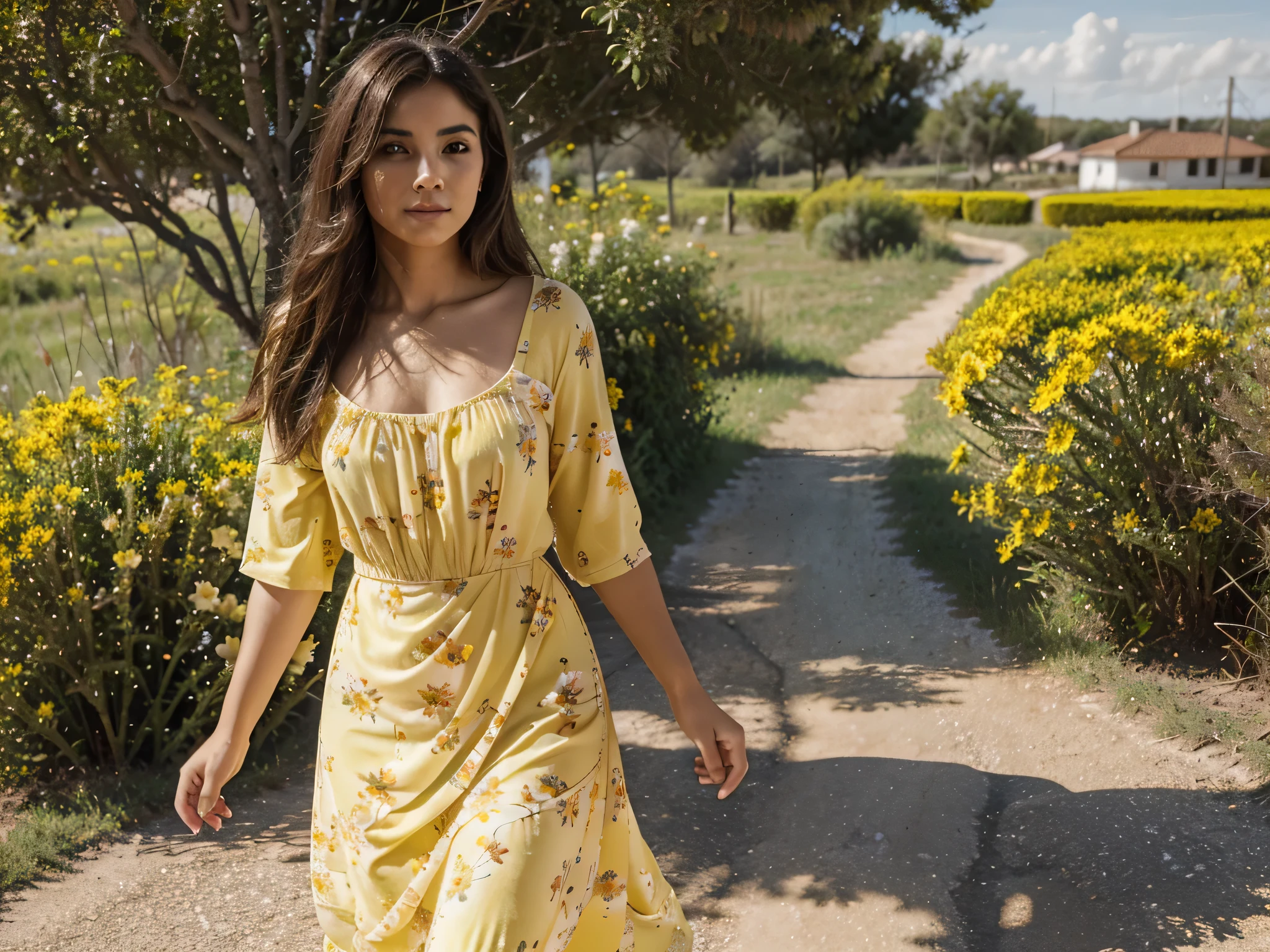 retrato cerca de mujer latina  en un camino Floriano usando un lindo vestido primaveral amarillo, arboles y flores, dreamlike, 1 person