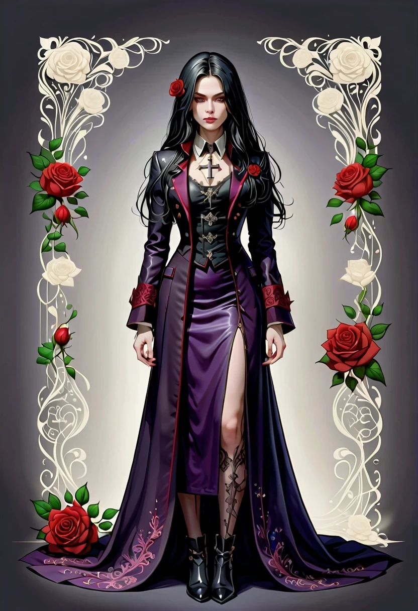 Gothic character design sheet,Character name:Avril Lavigne.dark night,18 years old,long black hair,purple eyes,Red or dark purple lace、Embroidery and other decorations。She was wearing a long black coat and a tight skirt,Show elegant and mysterious temperament。Wearing a silver cross、chain etc..,old magic book,Romantic roses,(orderly row:1.2,interval:1.2,no overlap:1.2),((clear lines,clean background,White background, ultra high definition, masterpiece, precise, anatomically correct, textured skin, Super detailed, high detail, best quality, 8k))
