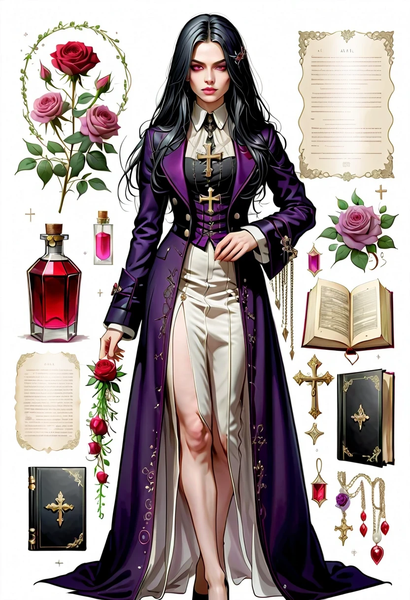 Gothic character design sheet,Character name:Avril Lavigne.dark night,18 years old,long black hair,purple eyes,Red or dark purple lace、Embroidery and other decorations。She was wearing a long black coat and a tight skirt,Show elegant and mysterious temperament。Wearing a silver cross、chain etc..,old magic book,Romantic roses,(orderly row:1.2,interval:1.2,no overlap:1.2),((clear lines,clean background,White background, ultra high definition, masterpiece, precise, anatomically correct, textured skin, Super detailed, high detail, best quality, 8k))