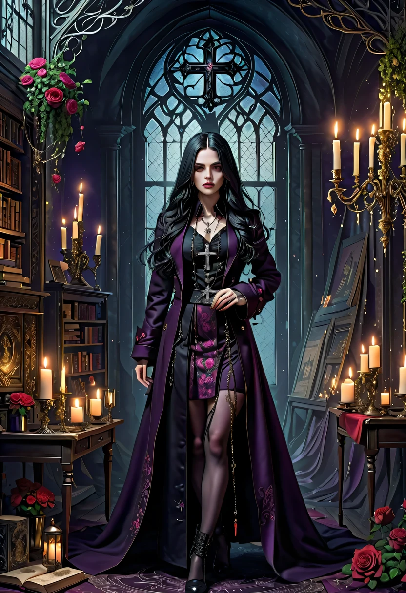 Gothic character design sheet,Character name:Avril Lavigne.dark night,18 years old,long black hair,purple eyes,Red or dark purple lace、Embroidery and other decorations。She was wearing a long black coat and a tight skirt,Show elegant and mysterious temperament。Wearing a silver cross、chain etc..,old magic book,Romantic roses,
