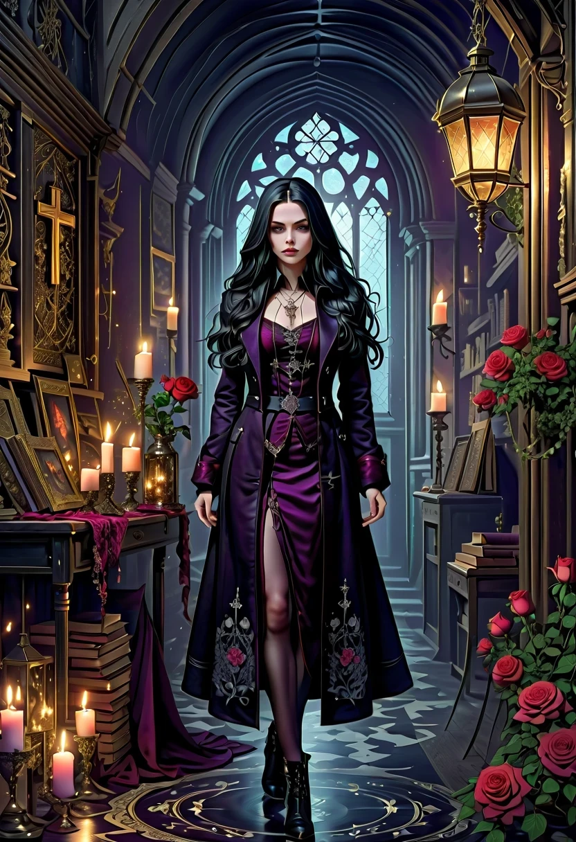 Gothic character design sheet,Character name:Avril Lavigne.dark night,18 years old,long black hair,purple eyes,Red or dark purple lace、Embroidery and other decorations。She was wearing a long black coat and a tight skirt,Show elegant and mysterious temperament。Wearing a silver cross、chain etc..,old magic book,Romantic roses,