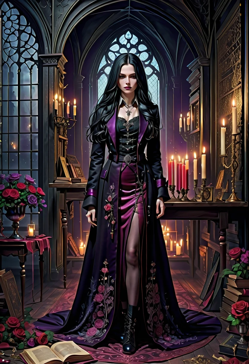 Gothic character design sheet,Character name:Avril Lavigne.dark night,18 years old,long black hair,purple eyes,Red or dark purple lace、Embroidery and other decorations。She was wearing a long black coat and a tight skirt,Show elegant and mysterious temperament。Wearing a silver cross、chain etc..,old magic book,Romantic roses,