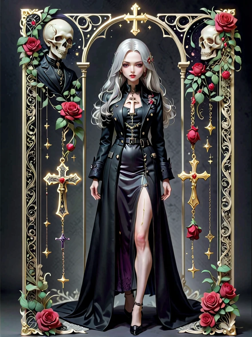 （Gothic character design sheet:1.5），(Scary dolls，Red or dark purple lace、Embroidery and other decorations。She was wearing a long black coat and a tight skirt，Show elegant and mysterious temperament。Wearing a silver cross、chain etc..，old magic book，Romantic roses，（orderly row:1.2，interval:1.2，no overlap:1.2），((clear lines，clean background，White background, ultra high definition, masterpiece, precise, anatomically correct, textured skin, Super detailed, high detail, best quality, 8k))