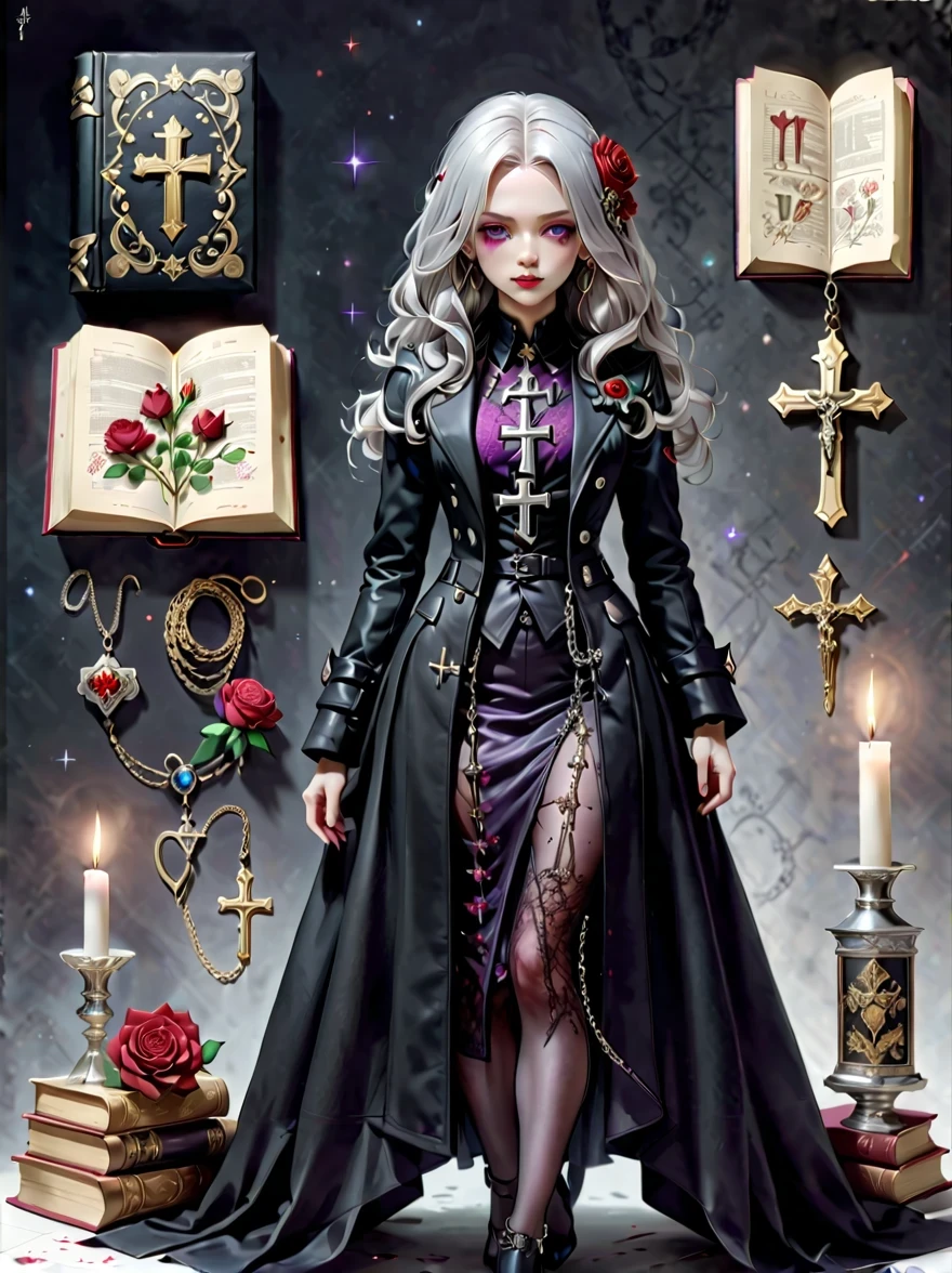 （Gothic character design sheet:1.5），(Scary dolls，Red or dark purple lace、Embroidery and other decorations。She was wearing a long black coat and a tight skirt，Show elegant and mysterious temperament。Wearing a silver cross、chain etc..，old magic book，Romantic roses，（orderly row:1.2，interval:1.2，no overlap:1.2），((clear lines，clean background，White background, ultra high definition, masterpiece, precise, anatomically correct, textured skin, Super detailed, high detail, best quality, 8k))