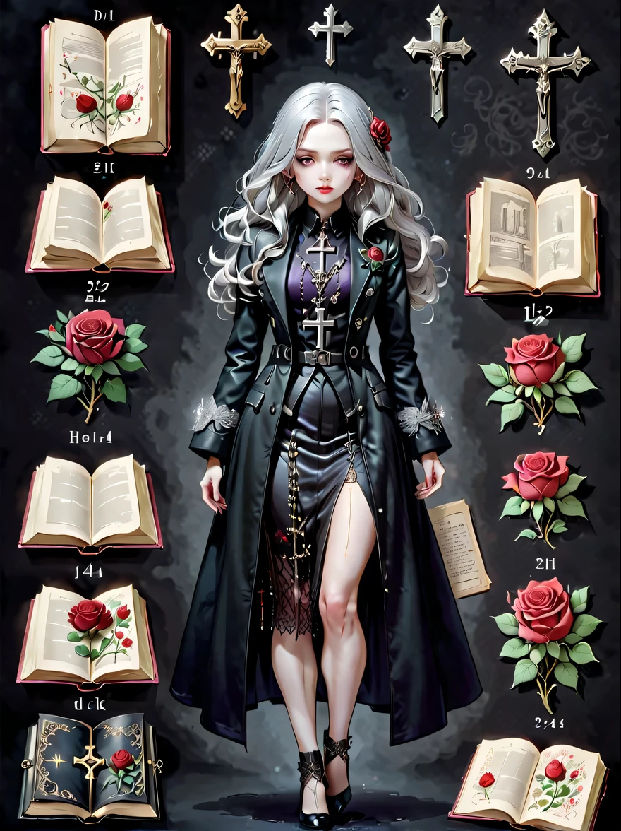 (Gothic character design sheet:1.5),(Scary dolls,Red or dark purple lace、Embroidery and other decorations。She was wearing a long black coat and a tight skirt,Show elegant and mysterious temperament。Wearing a silver cross、chain etc..,old magic book,Romantic roses,(orderly row:1.2,interval:1.2,no overlap:1.2),((clear lines,clean background,White background, ultra high definition, masterpiece, precise, anatomically correct, textured skin, Super detailed, high detail, best quality, 8k))