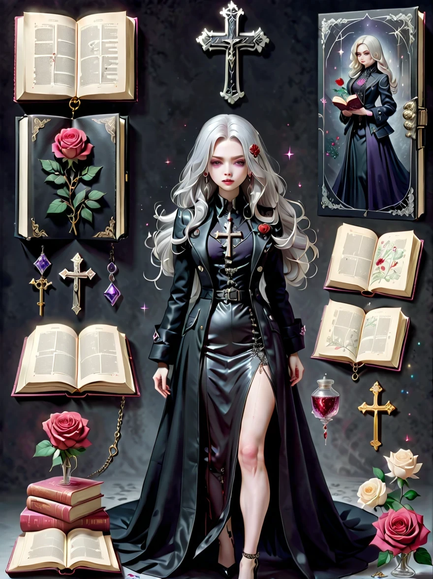 （Gothic character design sheet:1.5），(Scary dolls，Red or dark purple lace、Embroidery and other decorations。She was wearing a long black coat and a tight skirt，Show elegant and mysterious temperament。Wearing a silver cross、chain etc..，old magic book，Romantic roses，（orderly row:1.2，interval:1.2，no overlap:1.2），((clear lines，clean background，White background, ultra high definition, masterpiece, precise, anatomically correct, textured skin, Super detailed, high detail, best quality, 8k))