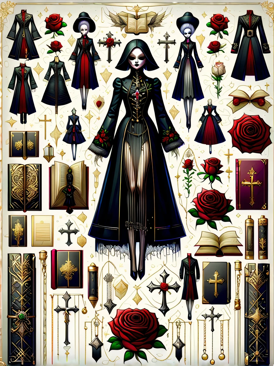 （Gothic character design sheet:1.5），(Scary dolls，Red or dark purple lace、Embroidery and other decorations。She was wearing a long black coat and a tight skirt，Show elegant and mysterious temperament。Wearing a silver cross、chain etc..，old magic book，Romantic roses，（orderly row:1.2，interval:1.2，no overlap:1.2），((clear lines，clean background，White background, ultra high definition, masterpiece, precise, anatomically correct, textured skin, Super detailed, high detail, best quality, 8k))