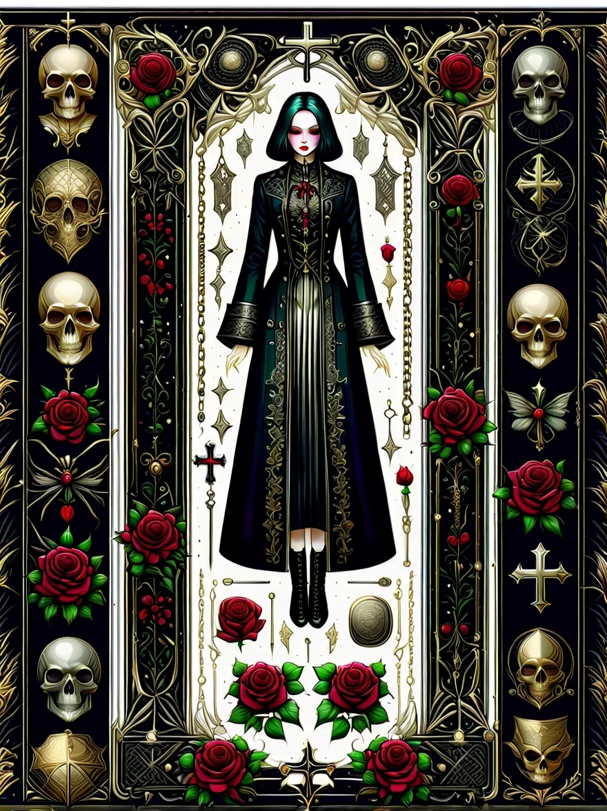 （Gothic character design sheet:1.5），(Scary dolls，Red or dark purple lace、Embroidery and other decorations。She was wearing a long black coat and a tight skirt，Show elegant and mysterious temperament。Wearing a silver cross、chain etc..，old magic book，Romantic roses，（orderly row:1.2，interval:1.2，no overlap:1.2），((clear lines，clean background，White background, ultra high definition, masterpiece, precise, anatomically correct, textured skin, Super detailed, high detail, best quality, 8k))
