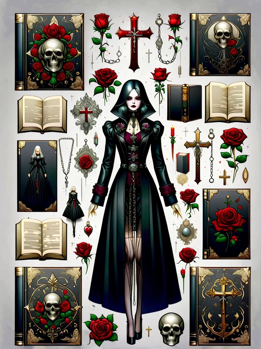 （Gothic character design sheet:1.5），(Scary dolls，Red or dark purple lace、Embroidery and other decorations。She was wearing a long black coat and a tight skirt，Show elegant and mysterious temperament。Wearing a silver cross、chain etc..，old magic book，Romantic roses，（orderly row:1.2，interval:1.2，no overlap:1.2），((clear lines，clean background，White background, ultra high definition, masterpiece, precise, anatomically correct, textured skin, Super detailed, high detail, best quality, 8k))