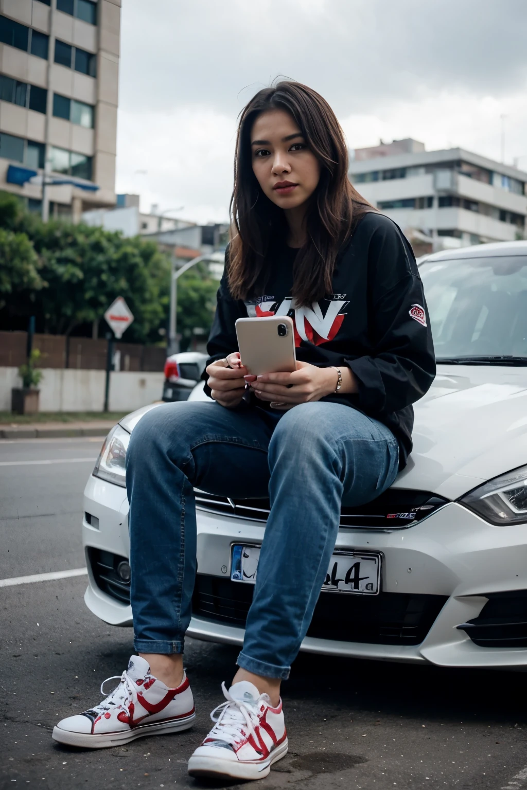 seorang pemuda indonesia, senyum menghadap kedepan, rambut ikal, memakai jersey putih manchester united, celana jeans ketat, sepatu converse putih, sedang duduk diatas mobil tesla putih, plat nomor "tolenk" Latar belakang jembatan, malam hari.