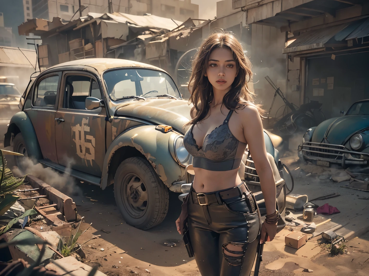 (an extremely beautiful woman looking at camera, detailed face, long hair, sexy bra, tight-fitting leather pants), soft colors, dirty, dusty, realistic lighting and shadowing, highres, ultra-detailed, 1 woman stands in the foreground，cowboy lens，Cinematic lighting effects, very busty, pistols, gun, tool belt, camera is near the ground looking up at the woman, upper body, (ultra-detailed,best quality,highres:1.2),(realistic:1.37),post-apocalyptic,desert wasteland,barren landscape,ruined city,vehicle wreckage,sandstorm,fierce sunlight,dusty atmosphere,war-torn,ragged clothing,spiked vehicles,,dystopian,desolate,futuristic,grim,gritty,action-packed,toned down colors,dirt, dusty, foggy, dusk, evening sun,harsh lighting, hippy vw beetle, flower power