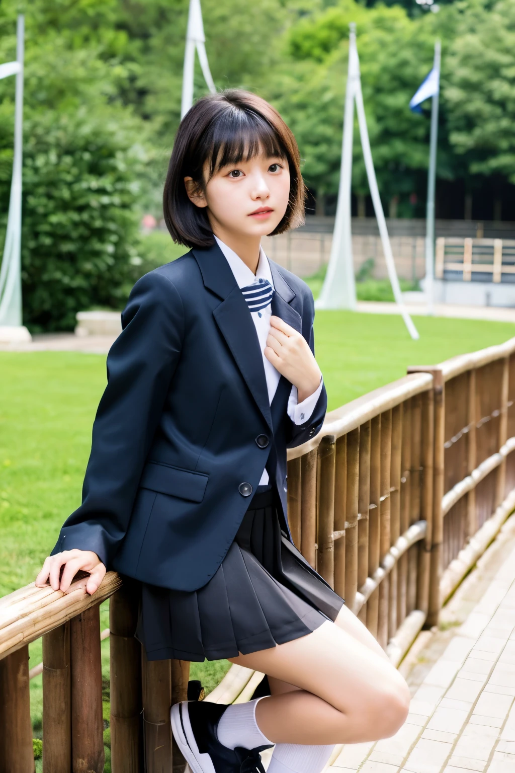 masterpiece, best quality, ultra detailed, absurdly high resolution, 8K,
1gile, japanese, , yo, black straight hair, short cut hair, sheer bangs hair, small chests, wheatish skin,
round face, thin slender dark brown eyes, flat shaped face, round nose,
school uniform, navy blue blazer, length mid knee navy blue paneled skirt, crew length white socks, black Sneakers, standing front of bamboo fence, outdoor in the park, commemorative photograph, body toward camera