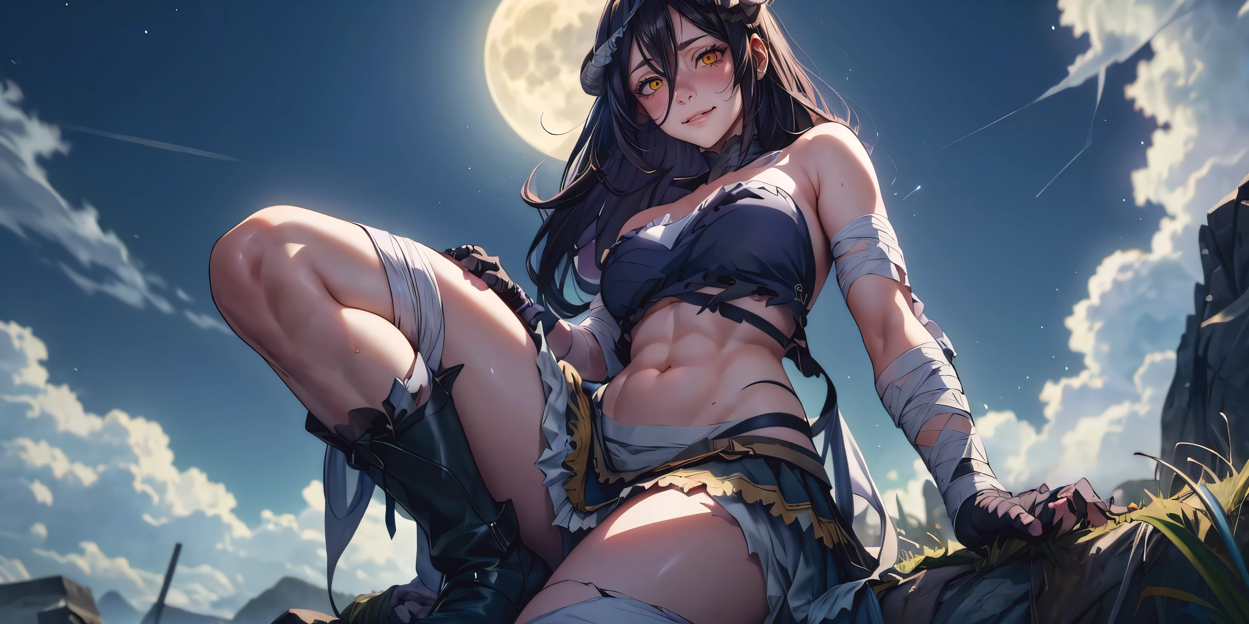 al1, demon horns, slit pupils, long hair, black hair, (shaded face:1.2), hollow eyes, yellow eyes, looking at viewer, heavy breathing, smirk, uppert teeth, breasts, 1girl, moon, abs, sky, solo, grass, full_moon, star_(sky), sitting, breasts, night, navel, looking_at_viewer, outdoors, strapless, boots, starry_sky, cloud, muscle, blush, thighs, "glow effects, godrays, Hand drawn, render, 8k, octane render, cinema 4d, blender, dark, atmospheric 4k ultra detailed, cinematic, Sharp focus, big depth of field, Masterpiece, colors, 3d octane render, 4k, concept art, trending on artstation, hyperrealistic, Vivid colors, extremely detailed CG unity 8k wallpaper, trending on CGSociety, Intricate, High Detail, dramatic", sweating, steaming body, fog, mummy costume, bandages, frilled choker, frilled skirt, muscular female,