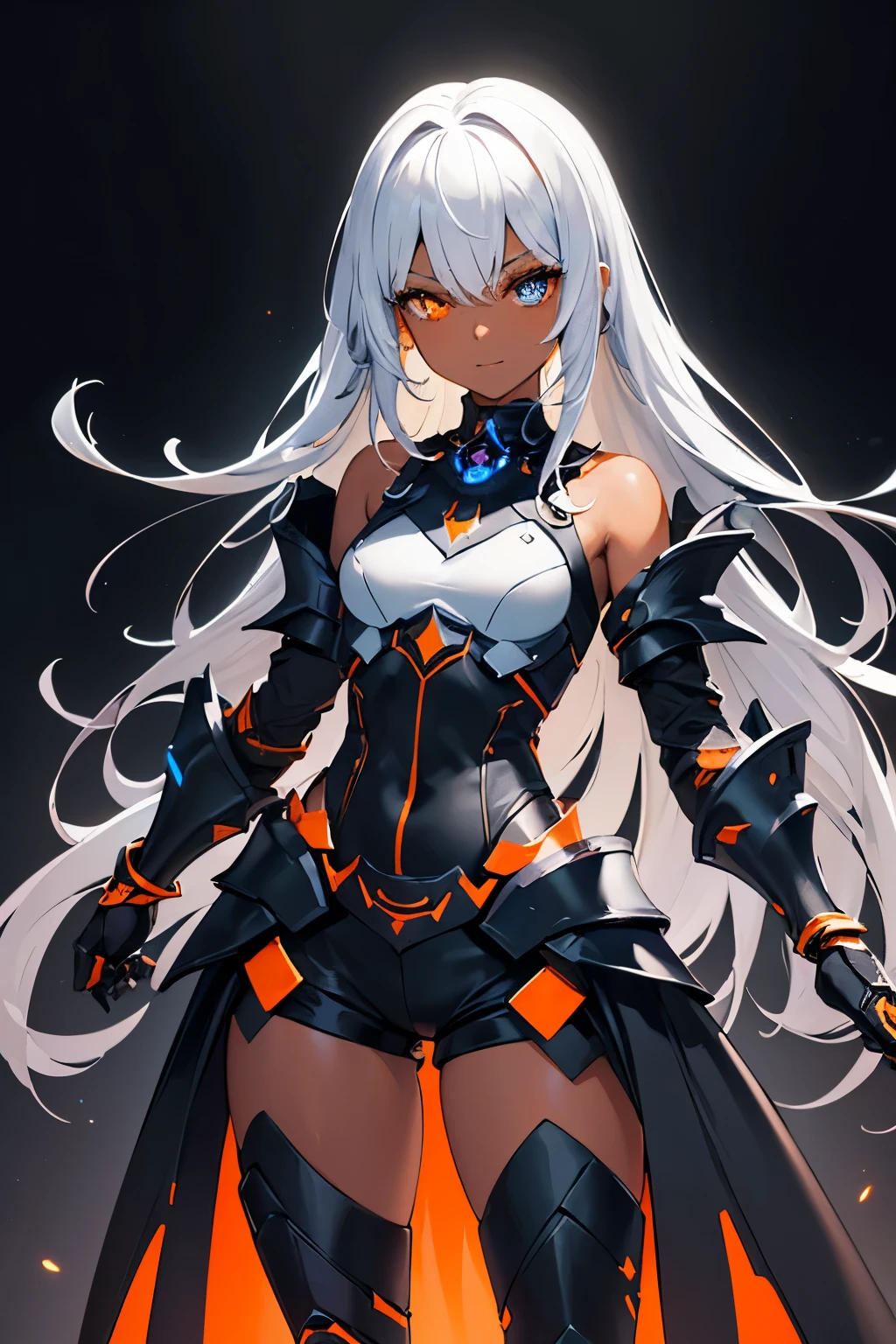 masterpiece, best quality, ((1 Girl)), (colorful),(finely detailed beautiful eyes and detailed face), ((Dark Skin)), lighting,extremely detailed CG unity 8k wallpaper, (light theme:1.6),((one eye is blue and the other orange)), fire, girl, ageless, ((1 female)), body shot,(Tiny smile) (((Game concept art))) ((Black Metallic Gauntlets and Greaves with Orange and Silver Highlightodern Armor)) having mostly the color black, but having parts in orange, shoulders exposed, at the hip a shorts that extend to half of the thigh of black color. ((Black overcoat))