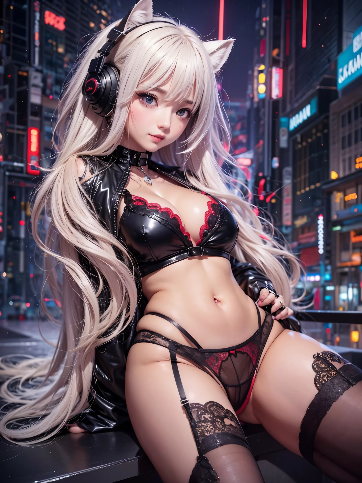 (super flat, flat shading, flat color:1.1)、(1 girl)、soro、(glamorous:1.3)、very beautiful 20 year old cartoon girl、(high detail skin: 1.2)、Photorealistic anime girl rendering、Realistic anime 3D style、beautiful platinum blonde hair、long hair、crossed bangs、asymmetrical bangs、stick out ears、eyelashes、red eyes、(orgasm face:1.2)、Attractive、(natural and very big breasts)、(perfect anatomy:1.3)、((black jacket、Wearing red fancy underwear and detailed panties、supple and thin fabric、black mini skirt、metal accessories、))、decorative choker、hands behind the back、(sophisticated headphones)、Body shiny with oil、(detailed bra、black hort boots)、(lewd girl:1.3)、A big city where you can see the sunset at 6 p.m.、red sunset clouds、it's raining、my body gets wet from the rain、Decadent and futuristic urban area in the evening、(cyber punk)、(futuristic car、flashing red light)、volume lighting、soft light、bright、Bright colors、watercolor painting、