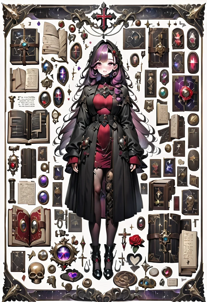 （Gothic character design sheet:1.5），(Scary dolls，Red or dark purple lace、Embroidery and other decorations。She was wearing a long black coat and a tight skirt，Show elegant and mysterious temperament。Wearing a silver cross、chain etc..，old magic book，Romantic roses，（orderly row:1.2，interval:1.2，no overlap:1.2），((clear lines，clean background，White background, ultra high definition, masterpiece, precise, anatomically correct, textured skin, Super detailed, high detail, best quality, 8k))