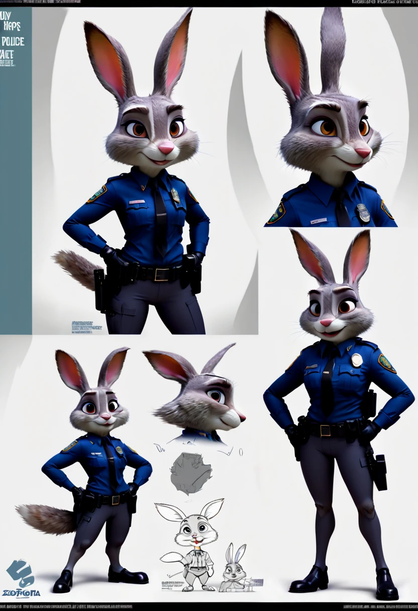 character design sheet, rabbit police, Judy Hopps, by Zootopia, (best quality, masterpiece, Representative work, official art, Professional, Ultra intricate detailed, 8k:1.3)