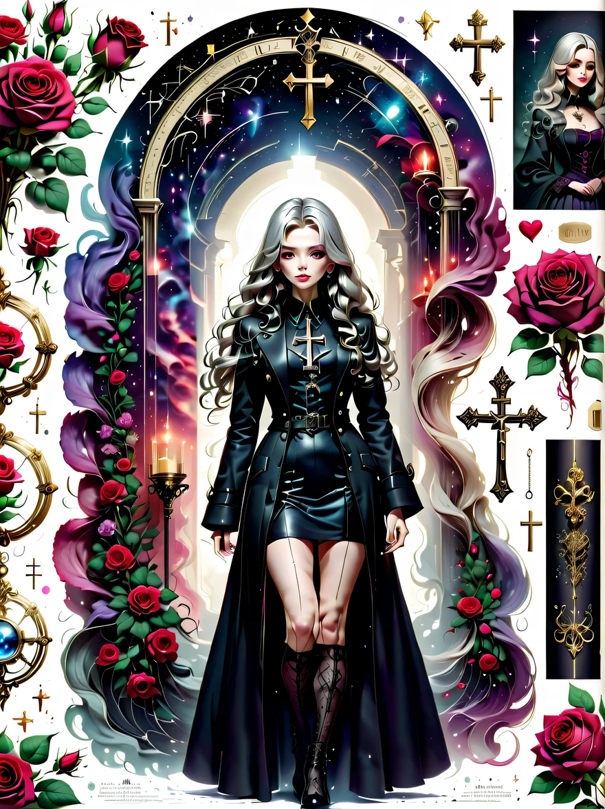 (Gothic character design sheet:1.5),(Scary dolls,Red or dark purple lace、Embroidery and other decorations。She was wearing a long black coat and a tight skirt,Show elegant and mysterious temperament。Wearing a silver cross、chain etc..,old magic book,Romantic roses,(orderly row:1.2,interval:1.2,no overlap:1.2),((clear lines,clean background,White background, ultra high definition, masterpiece, precise, anatomically correct, textured skin, Super detailed, high detail, best quality, 8k))