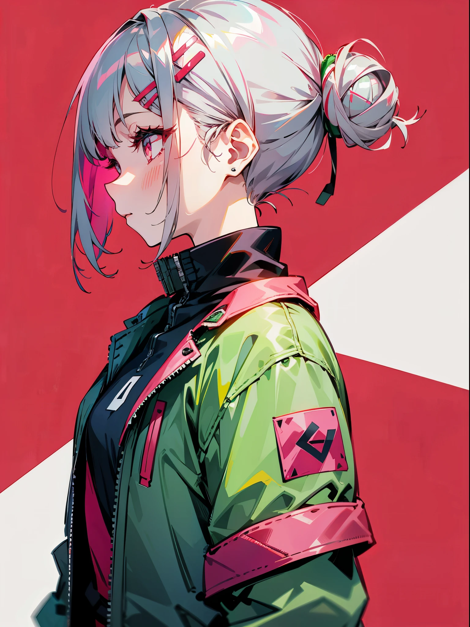 with one girl、Short silver bob hair tied into a bun with a hair clip、pink eyes、profile、Wear a rider&#39;s jacket、Colors based on red and green