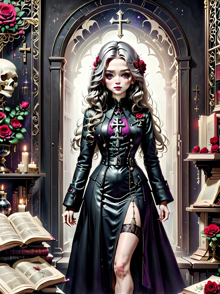 (Gothic character design sheet:1.5),(Scary dolls,Red or dark purple lace、Embroidery and other decorations。She was wearing a long black coat and a tight skirt,Show elegant and mysterious temperament。Wearing a silver cross、chain etc..,old magic book,Romantic roses,(orderly row:1.2,interval:1.2,no overlap:1.2),((clear lines,clean background,White background, ultra high definition, masterpiece, precise, anatomically correct, textured skin, Super detailed, high detail, best quality, 8k))