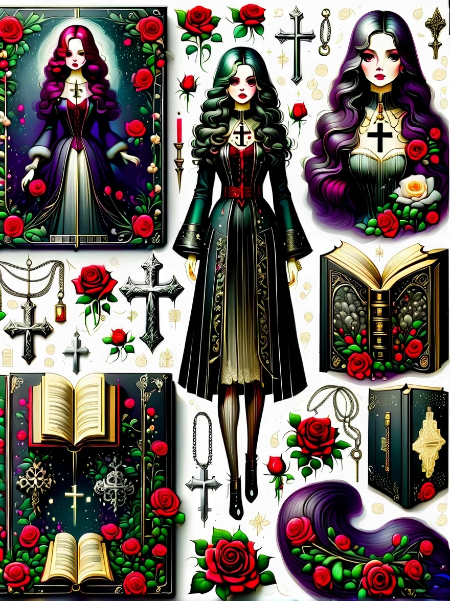 (Gothic character design sheet:1.5),(Scary dolls,Red or dark purple lace、Embroidery and other decorations。She was wearing a long black coat and a tight skirt,Show elegant and mysterious temperament。Wearing a silver cross、chain etc..,old magic book,Romantic roses,(orderly row:1.2,interval:1.2,no overlap:1.2),((clear lines,clean background,White background, ultra high definition, masterpiece, precise, anatomically correct, textured skin, Super detailed, high detail, best quality, 8k))