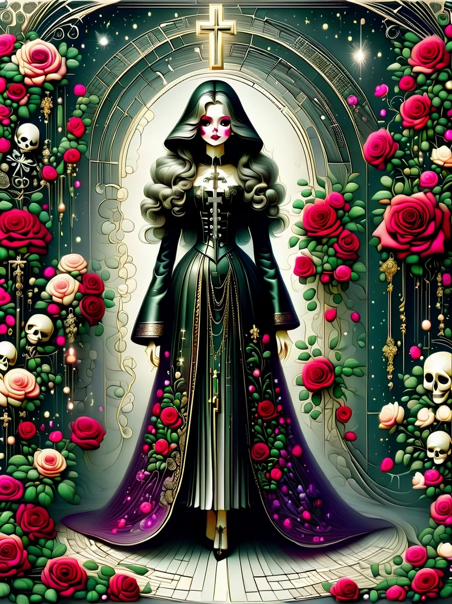 (Gothic character design sheet:1.5),(Scary dolls,Red or dark purple lace、Embroidery and other decorations。She was wearing a long black coat and a tight skirt,Show elegant and mysterious temperament。Wearing a silver cross、chain etc..,old magic book,Romantic roses,(orderly row:1.2,interval:1.2,no overlap:1.2),((clear lines,clean background,White background, ultra high definition, masterpiece, precise, anatomically correct, textured skin, Super detailed, high detail, best quality, 8k))